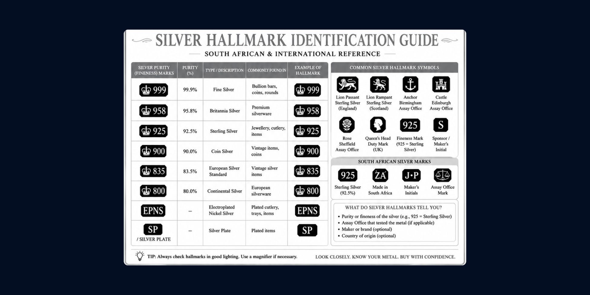 Silver jewellery hallmarks showing common sterling silver purity marks